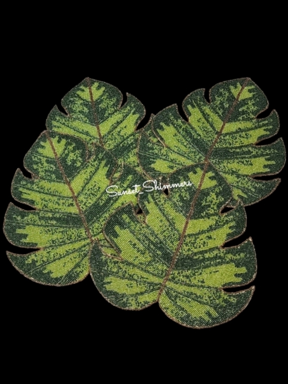 4pc Set Tropical Palm Monstera Leaf BEADED Placemats / Chargers NEW